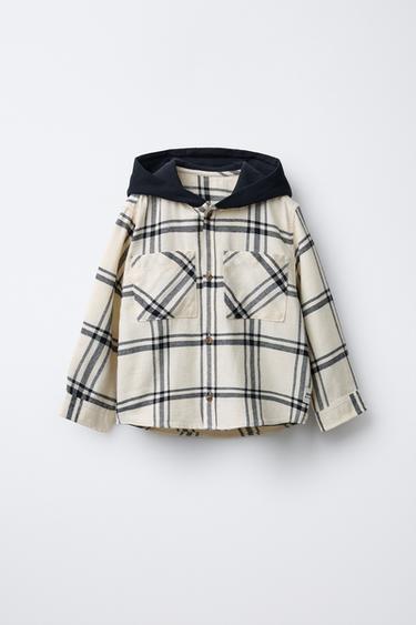 CHECK HOODED SHIRT WITH FLEECE - Ecru / Black by Zara - Image 0