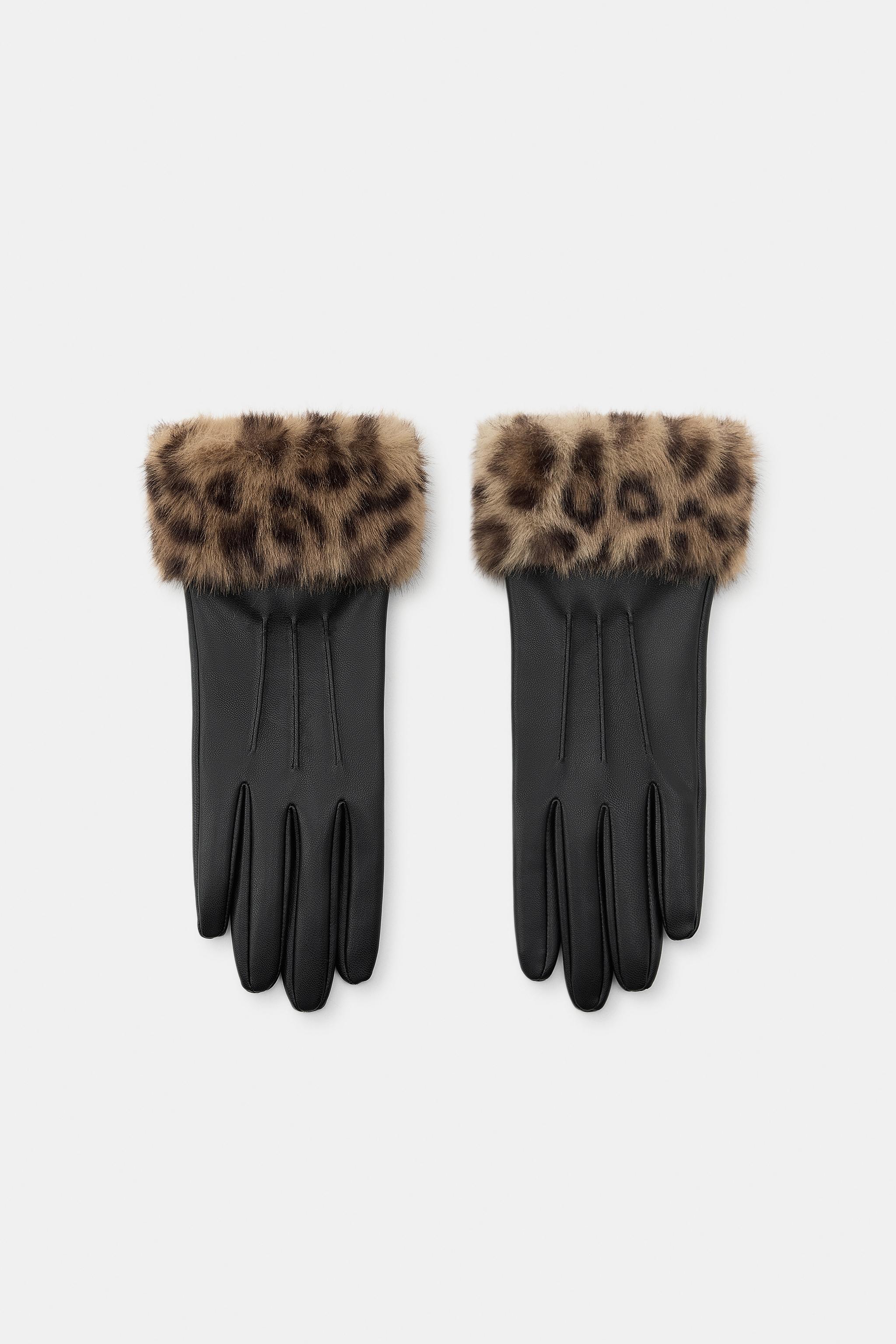 FAUX LEATHER ANIMAL PRINT FUR GLOVES