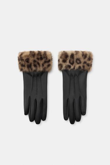 FAUX LEATHER FAUX FUR ANIMAL PRINT GLOVES - Black by Zara