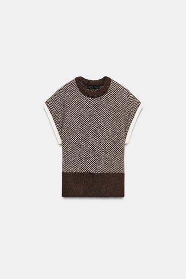 HERRINGBONE KNIT WAISTCOAT - Ecru / Brown by Zara