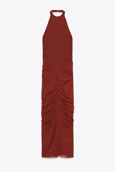 NECKHOLDER-KLEID MIT TÜLL-MATERIALKOMBINATION - Dunkelrot von Zara