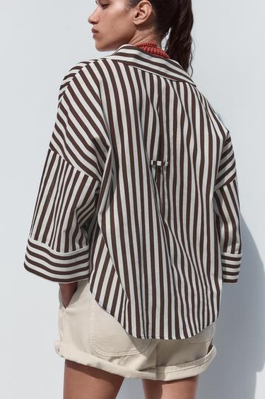 WIDE-SLEEVE LINEN BLEND SHIRT - brown/white by Zara - Image 3