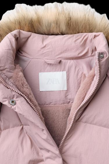 Zara WATER REPELLENT DOWN PUFFER COAT WITH REMOVABLE FAUX FUR HOODIE - Pink
