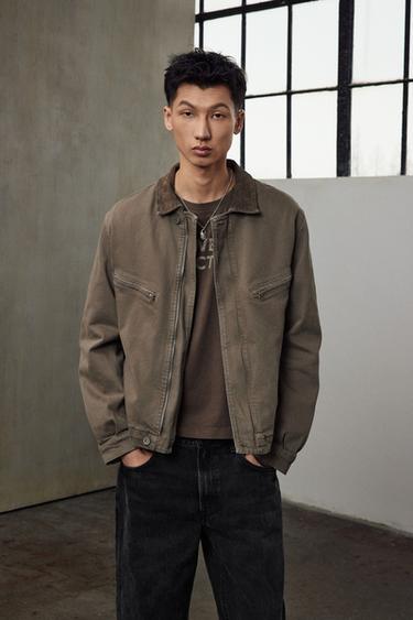 CROPPED FIT JACKET WITH CORDUROY COLLAR - Khaki by Zara