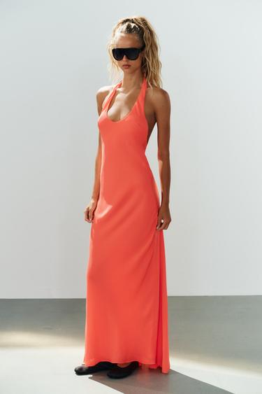VESTIDO LARGO HALTER - Naranja flúor de Zara