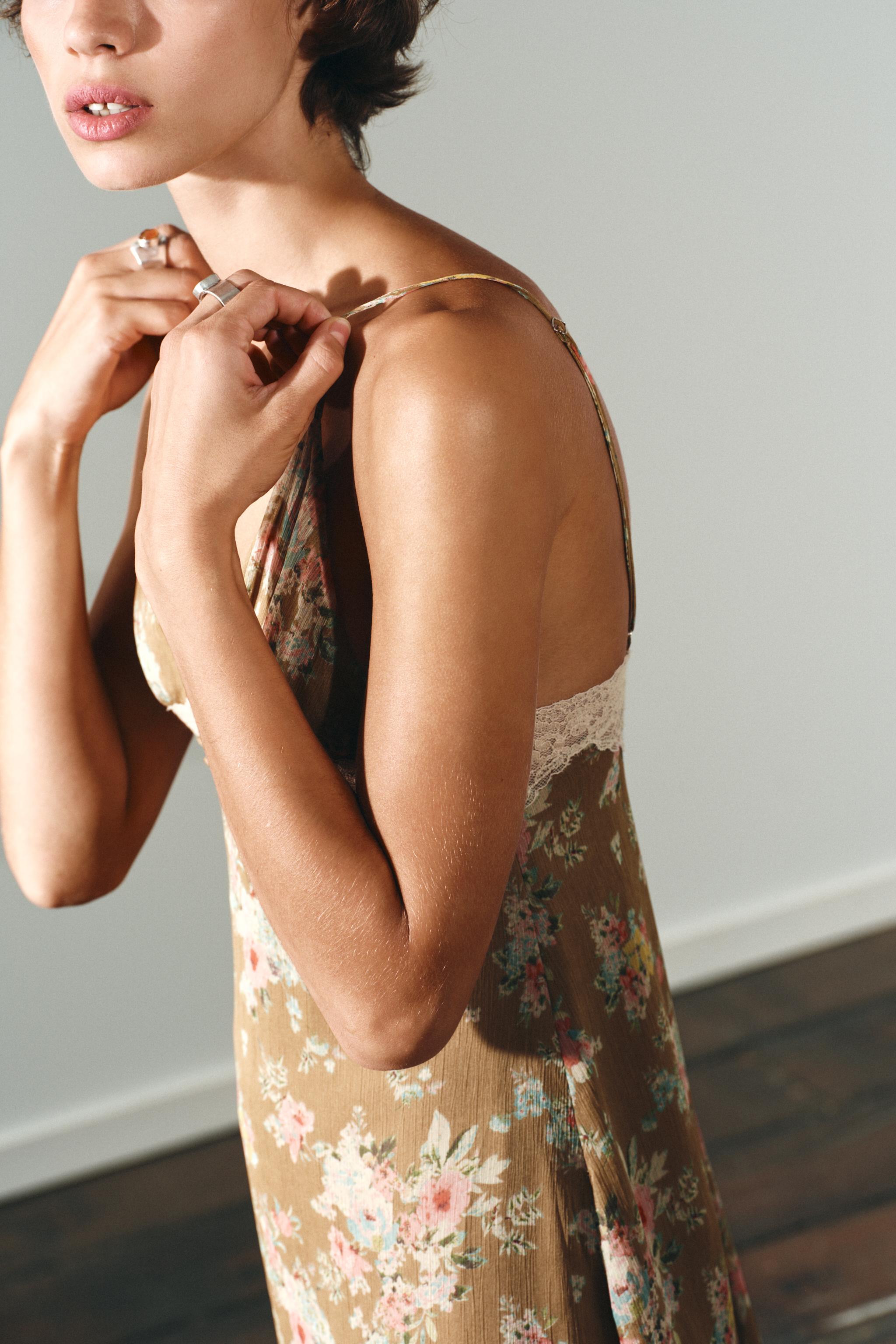 FLORAL PRINT LACE MIDI DRESS - Khaki | ZARA Canada