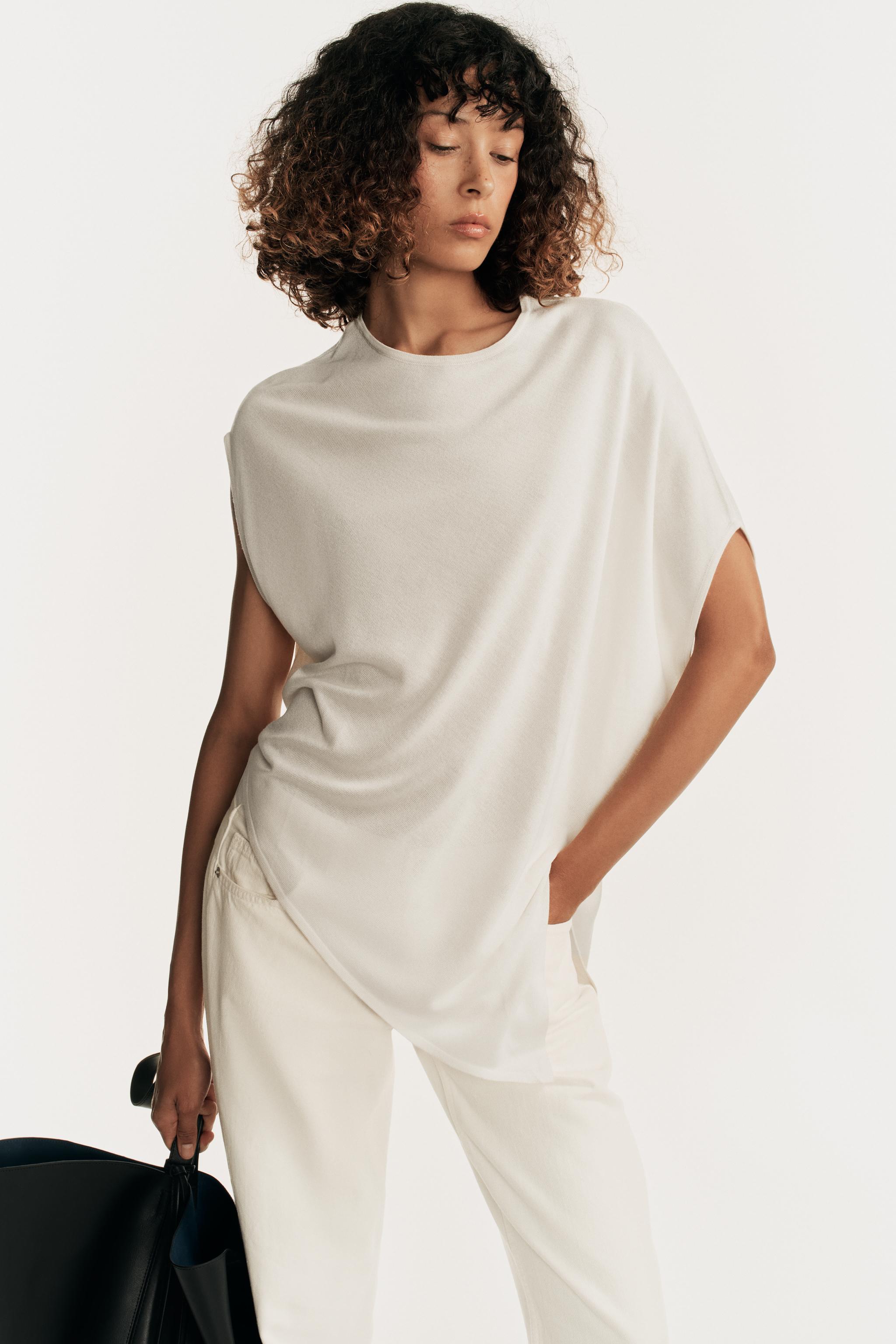 ASYMMETRIC KNIT TOP — ecru-white