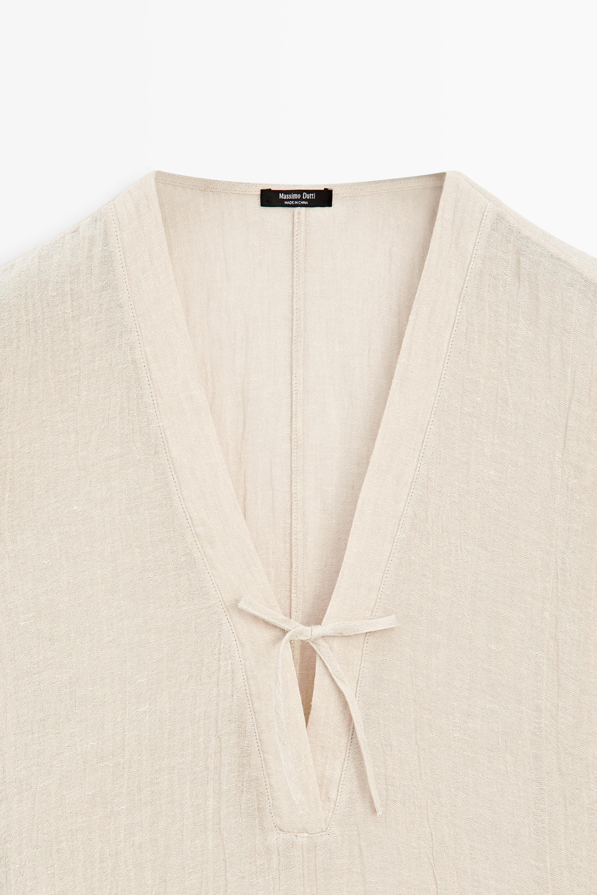 Linen blend kaftan dress with tied neckline