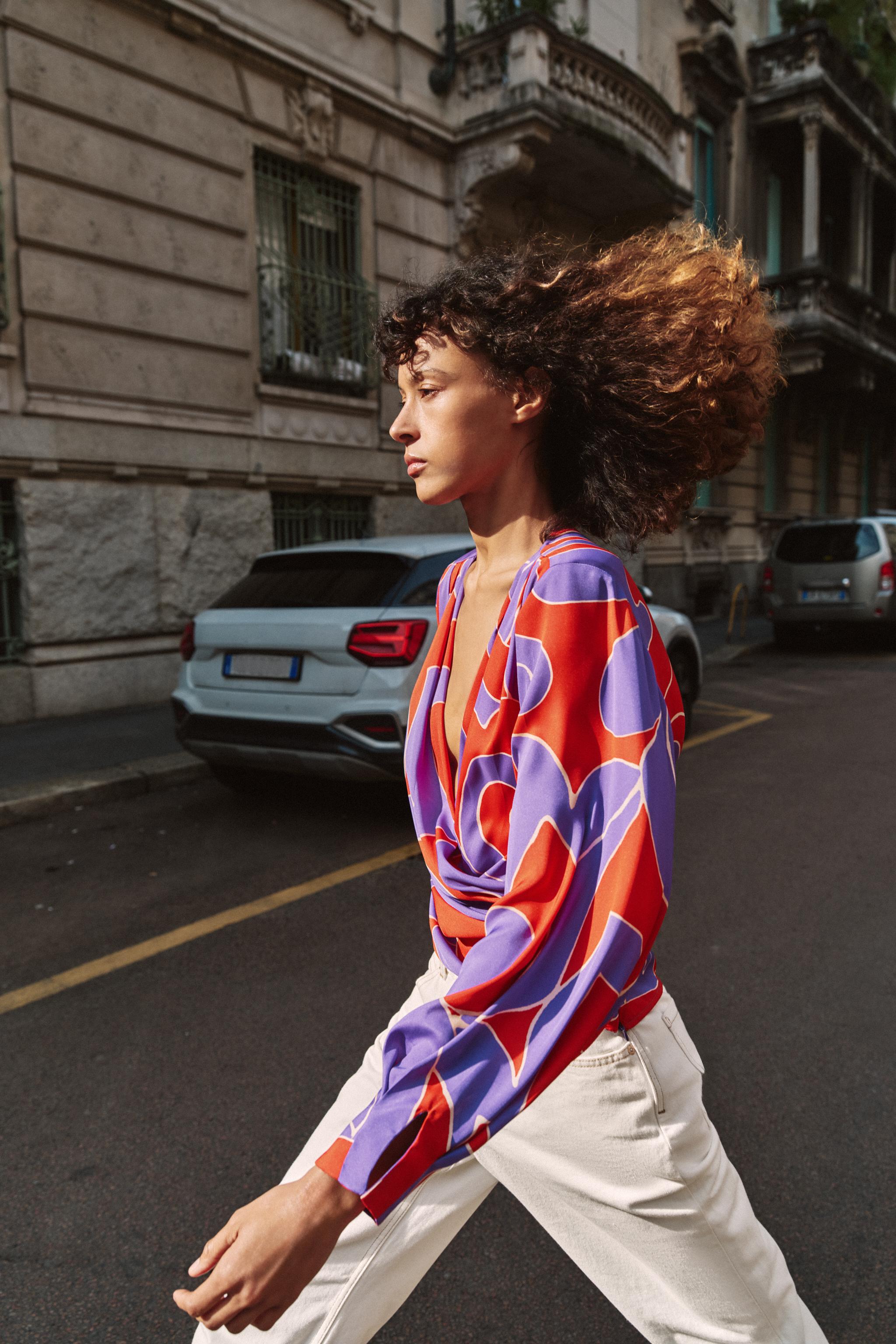 PRINTED SATIN EFFECT SHIRT WITH SHOULDER PADS