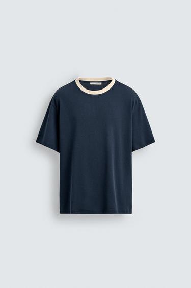 Zara CONTRAST RIB T-SHIRT - Navy blue