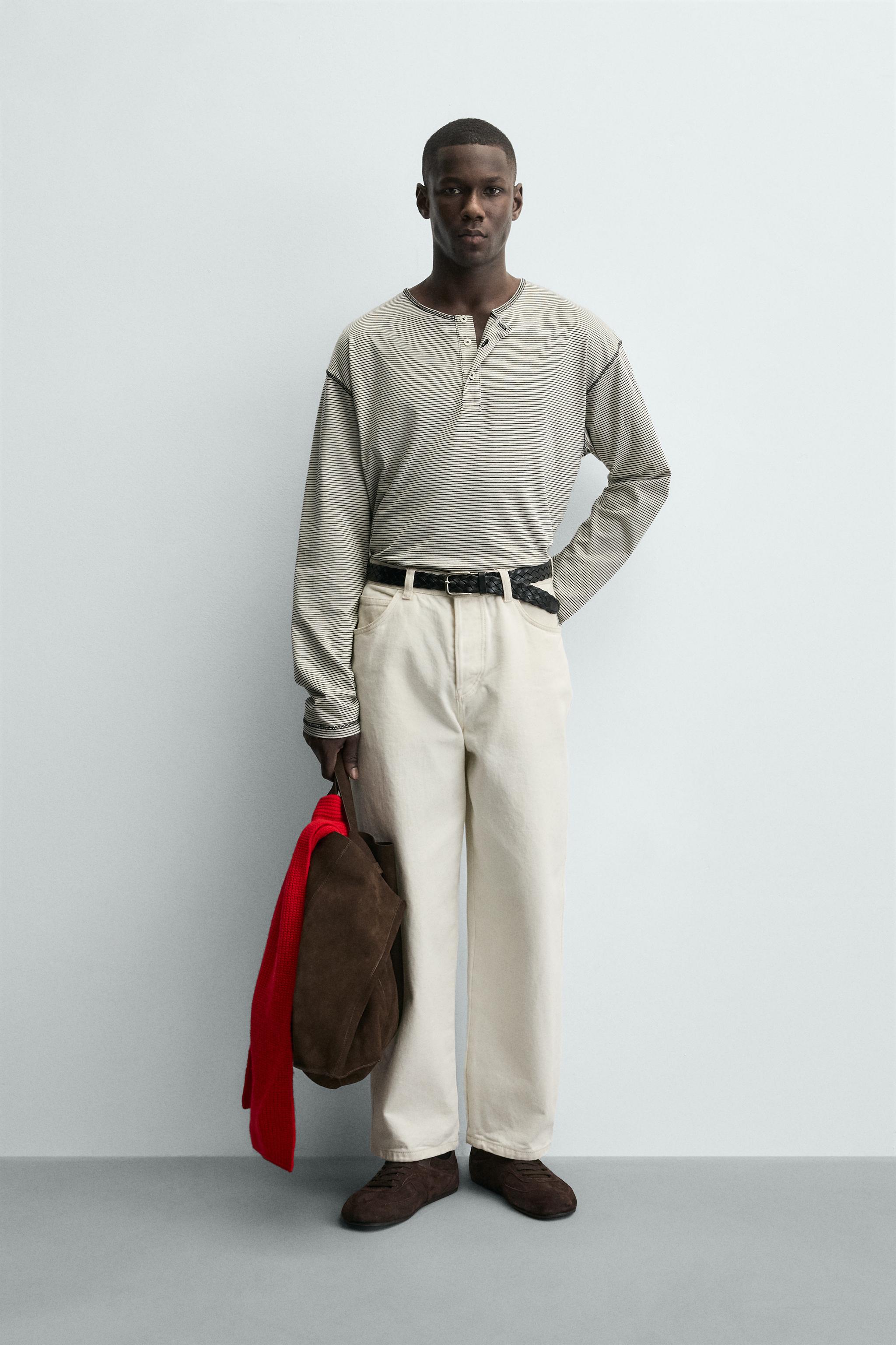 ストライプ柄ヘンリーネックTシャツ - 青色/白色 | ZARA Japan / 日本