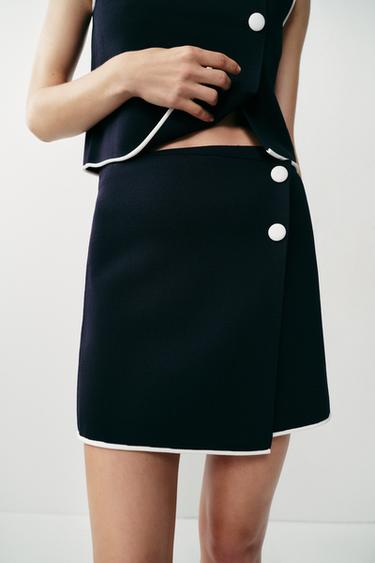 Zara CONTRAST BUTTON KNIT MINI SKIRT - Navy / White