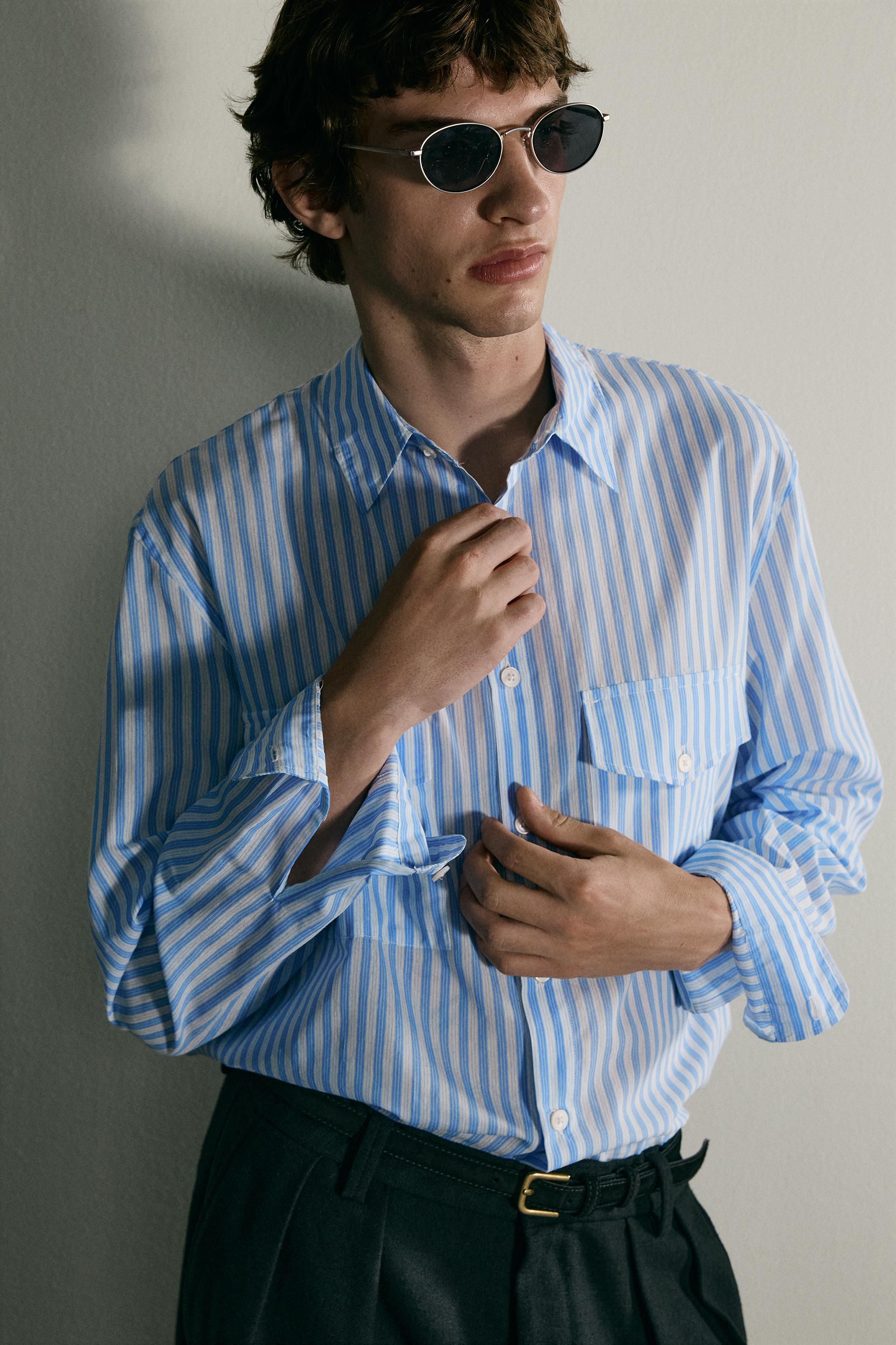 Мужские рубашки Zara STRIPED FLOWY POCKET SHIRT — фото 5