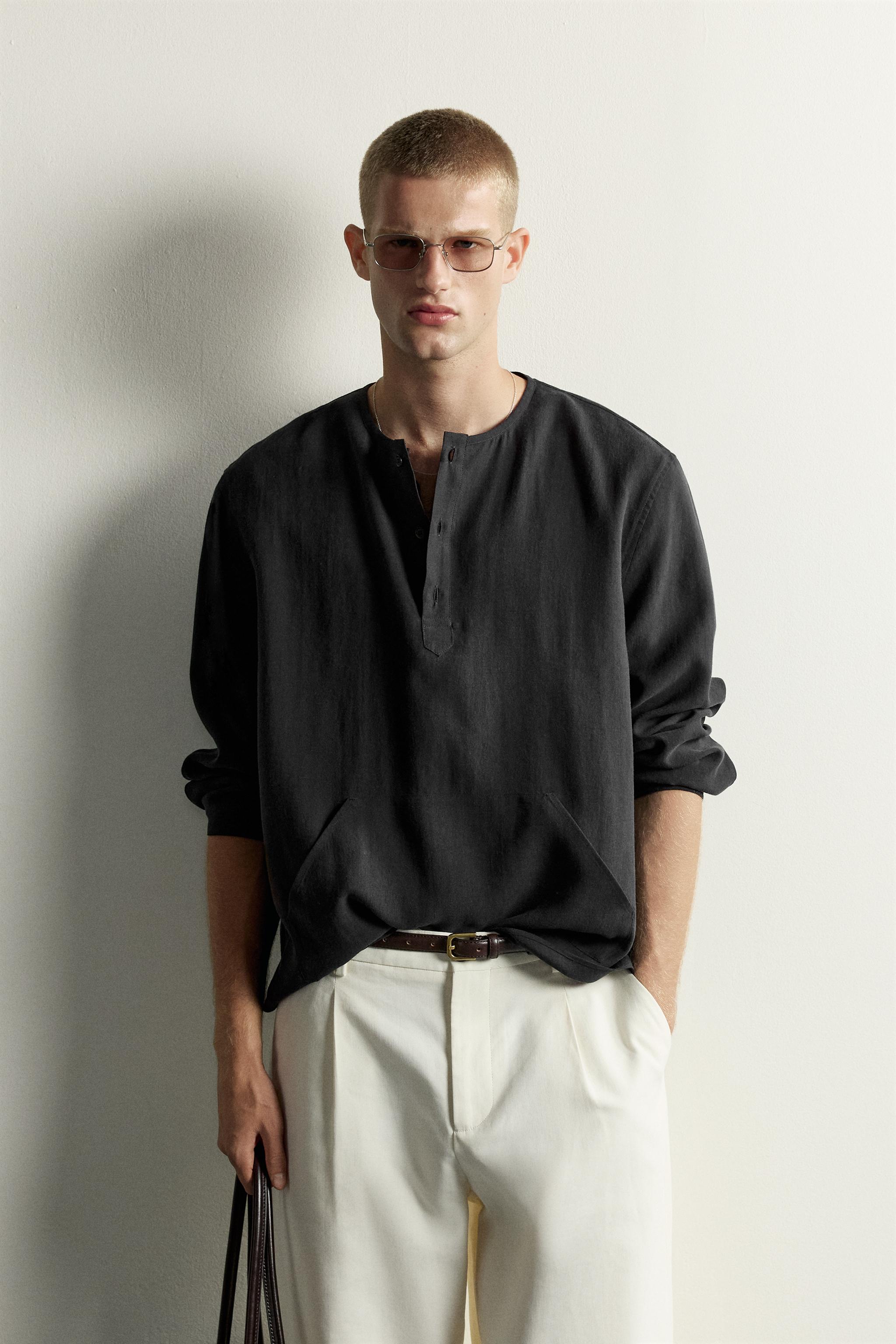 HENLEY NECK SHIRT WITH POCKETS — Black