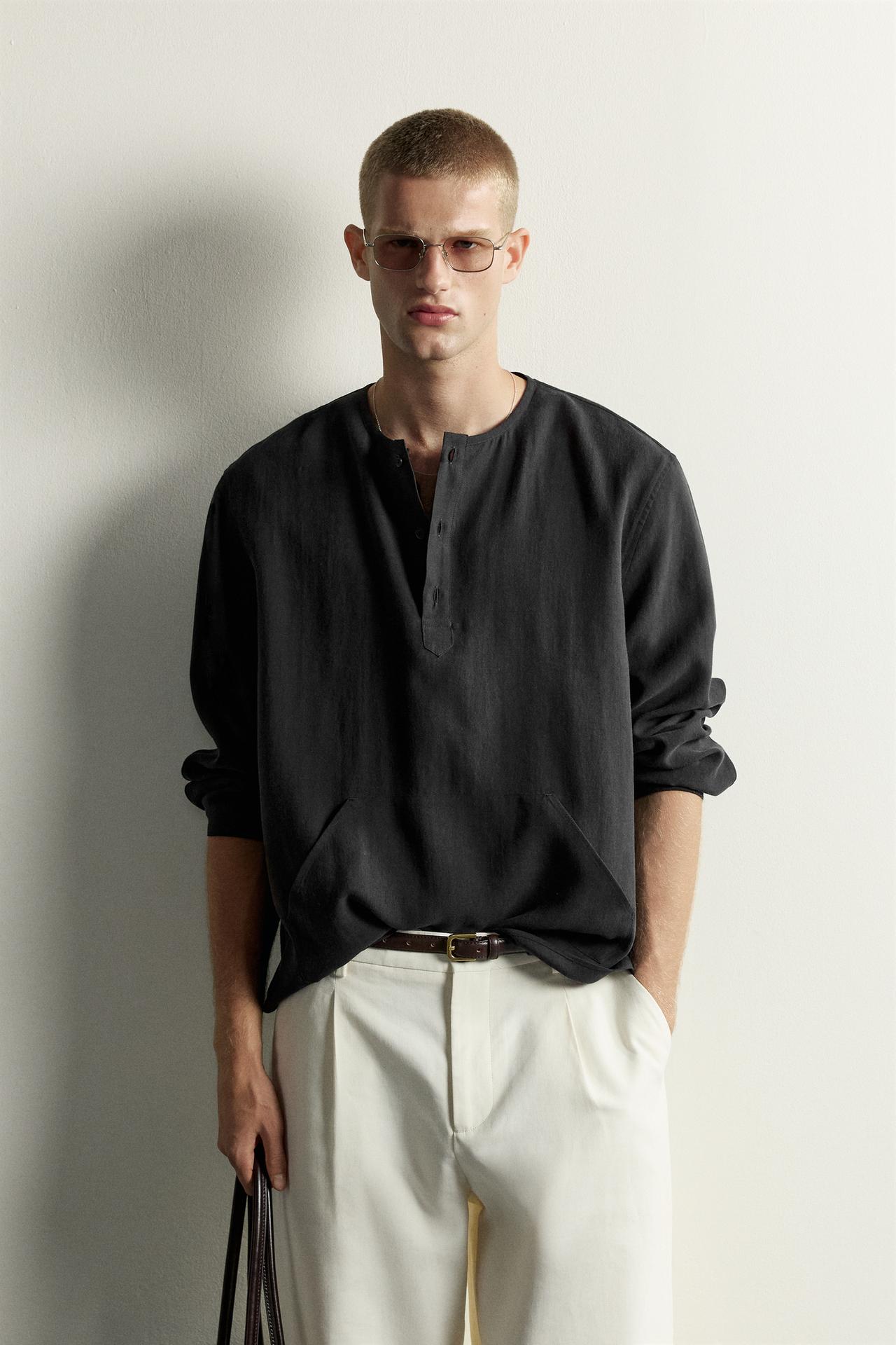 HENLEY NECK SHIRT WITH POCKETS — Black