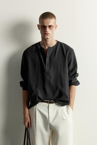 Zara HENLEY POLO SHIRT WITH POCKETS - Black