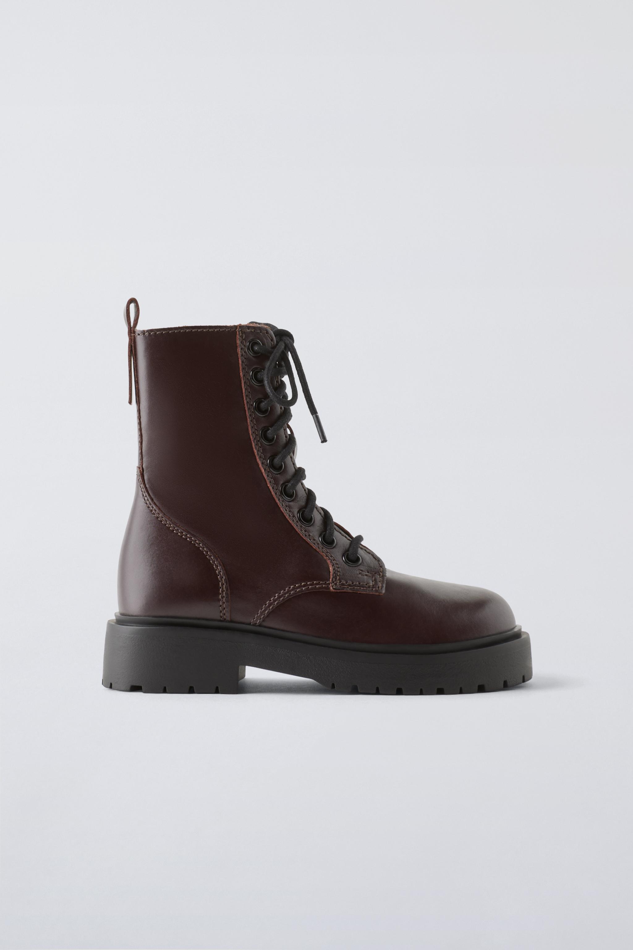 BOTTINES EN CUIR A LACETS Grenat ZARA France