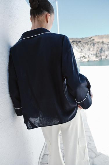 CHEMISE EN LIN À LISERÉS CONTRASTANTS - Bleu marine de Zara - Image 4