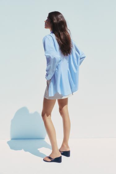 OVERSIZE STRIPED POPLIN SHIRT - White / Sky blue by Zara - Image 4