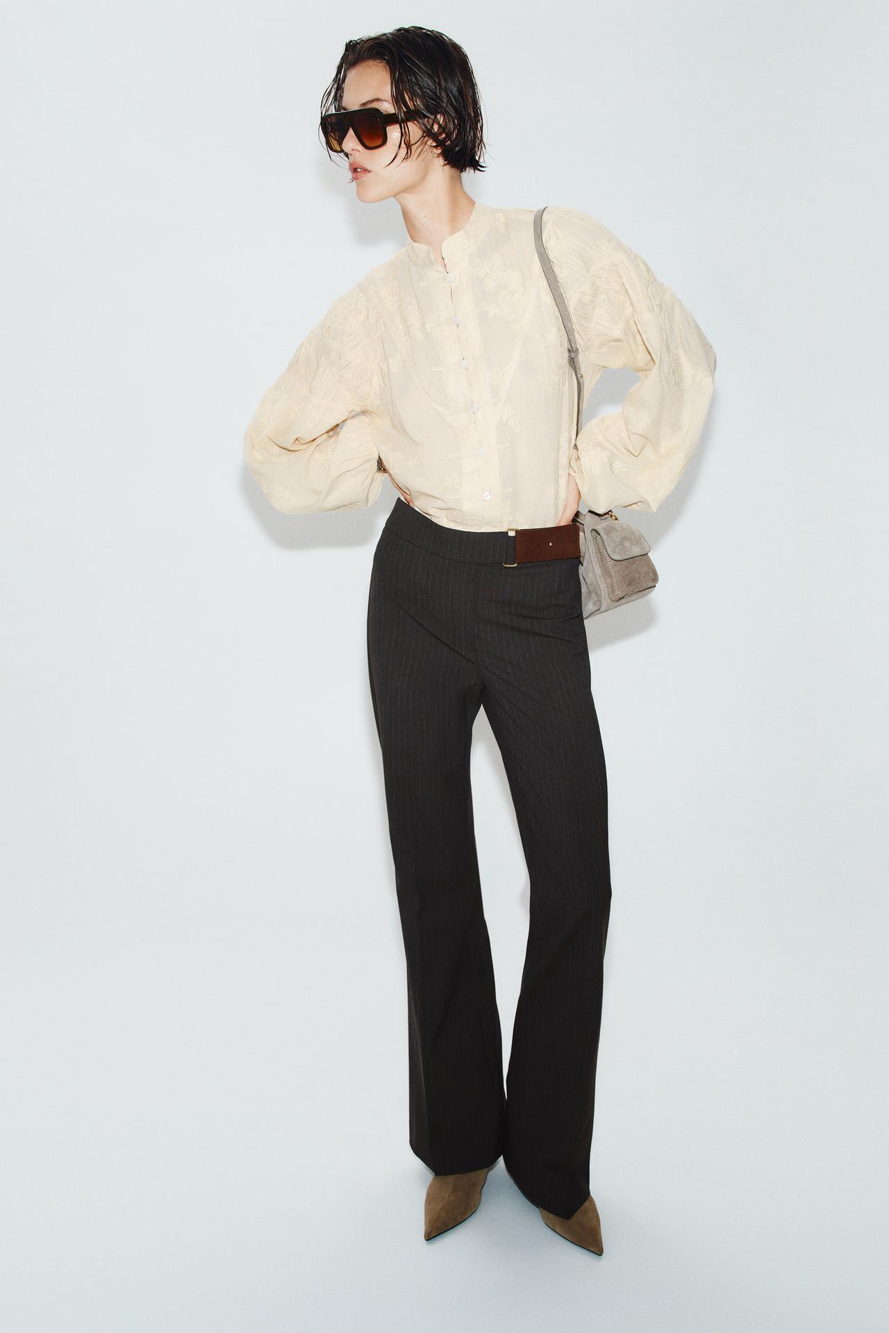 BUCKLE FLARE PANTS — Brown