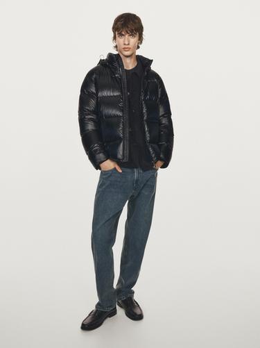 Zara Water-repellent satin puffer jacket - Navy blue