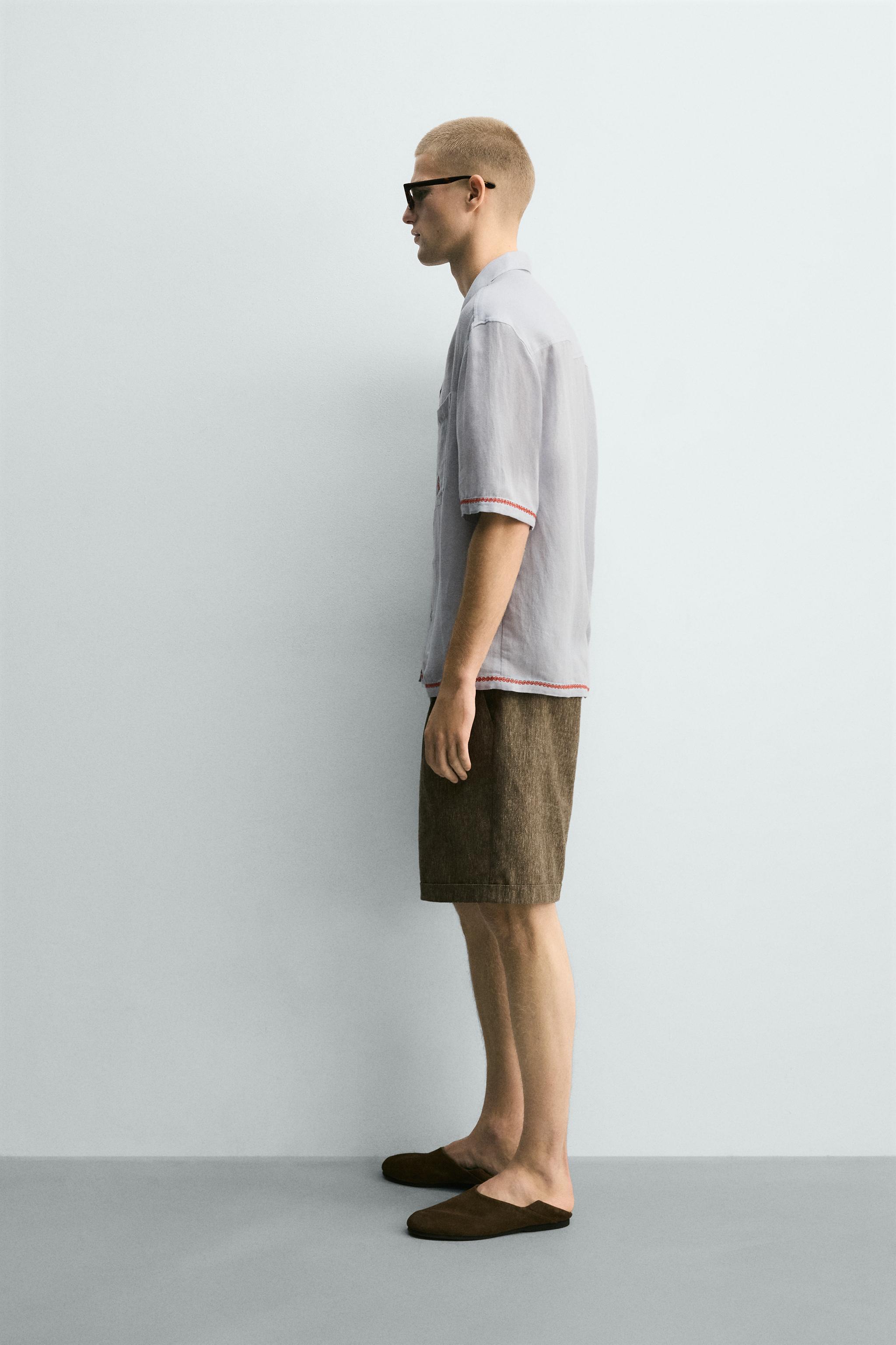 CONTRAST EMBROIDERED VISCOSE - LINEN SHIRT