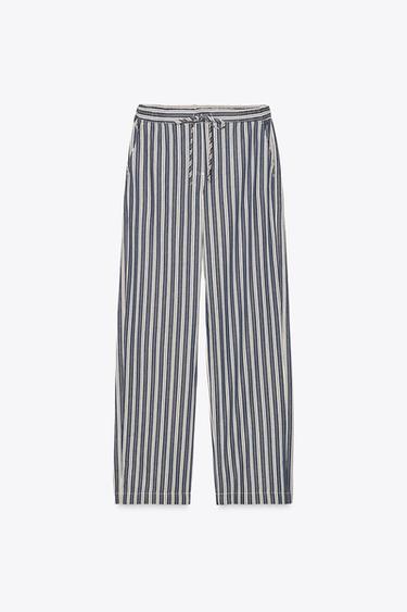 Zara STRIPED WIDE LEG PANTS - White / Navy