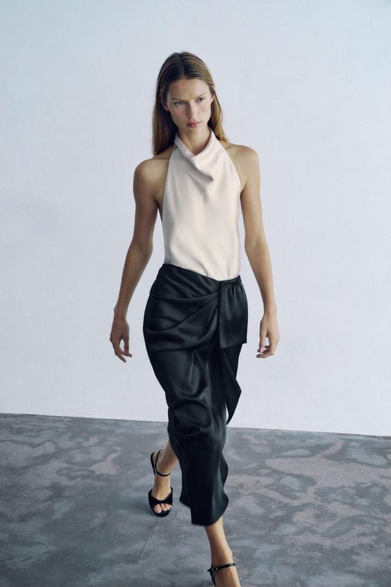 Zara ASYMMETRIC SATIN MIDI SKIRT - Black - Image 0