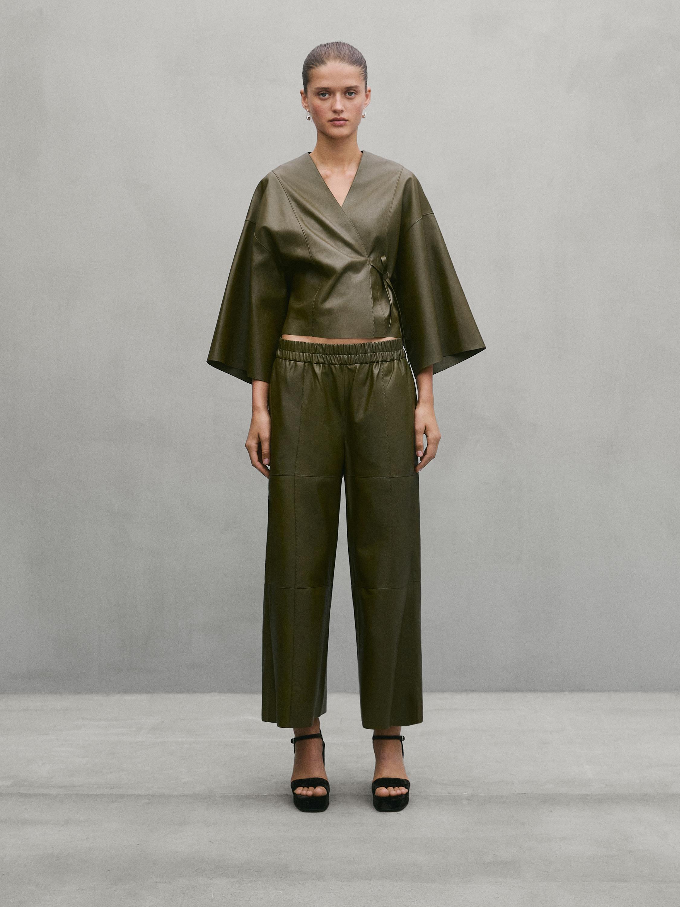 Wide leg leather jogger trousers with slits Studio Khaki ZARA Canada