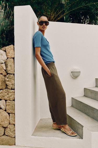 BARREL LINEN BLEND TROUSERS - Khaki by Zara