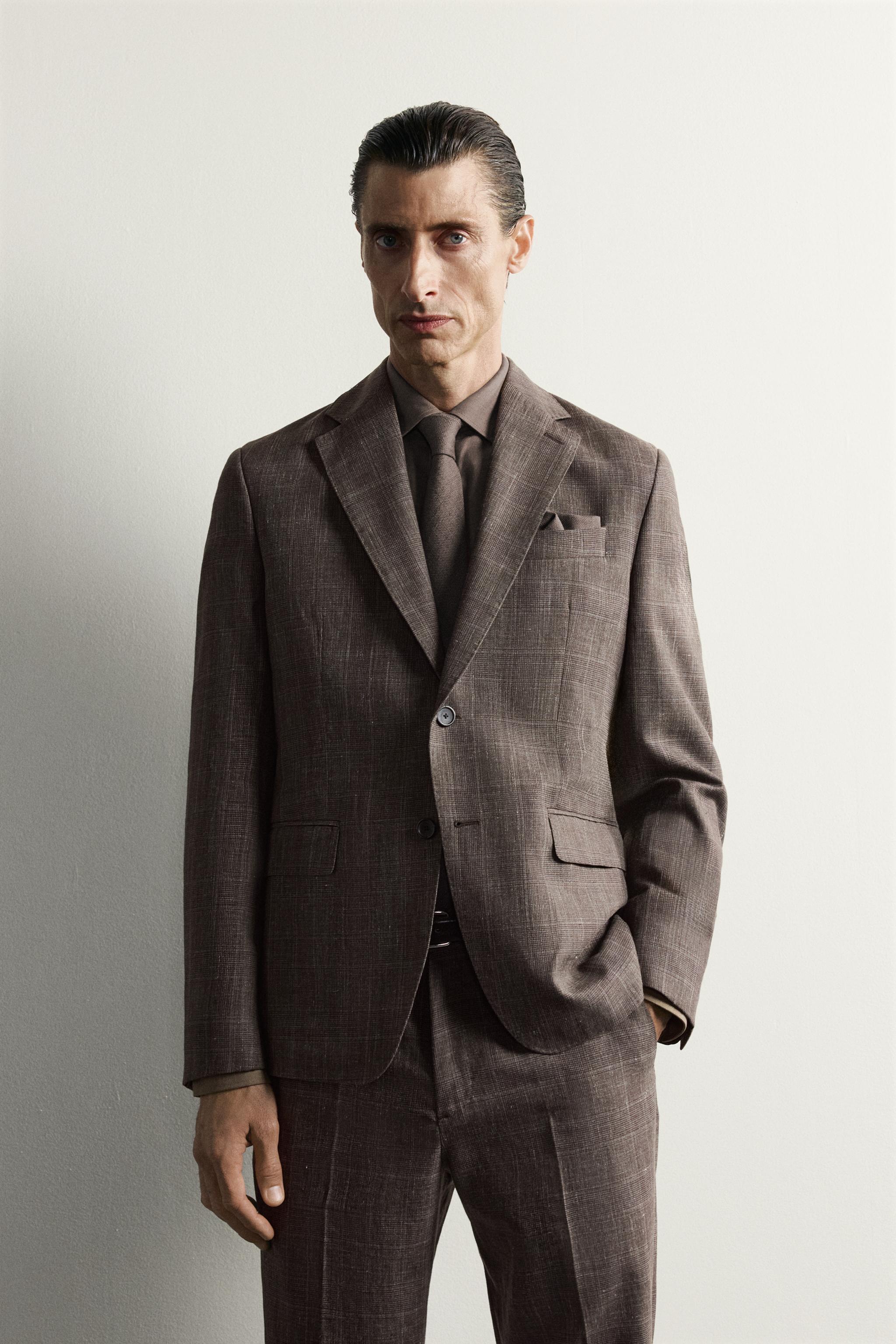 LINEN-WOOL CHECKERED SUIT JACKET — Brown (alternate view)