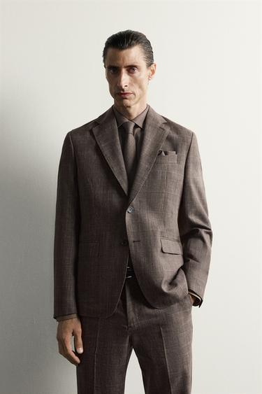 КАРТАТИЙ КОСТЮМНИЙ ПІДЖАК ІЗ ЛЬОНУ ТА ВОВНИ - Коричневий Zara