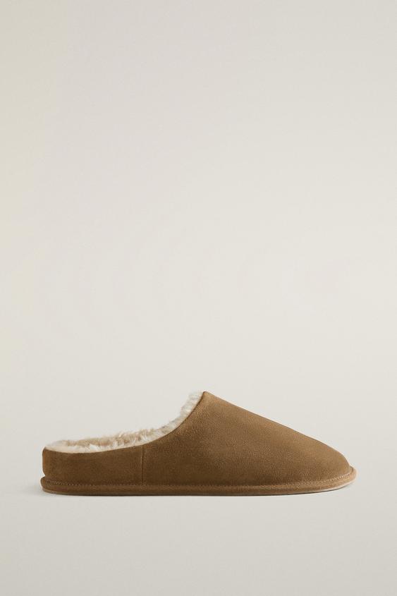 WARM LEATHER MULE SLIPPERS - بني الخاص بـ Zara - صورة 0