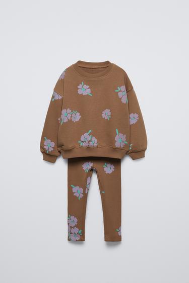 Zara PRINTED RIB SWEATSHIRT AND LEGGINGS MATCHING SET - Chocolate brown - Image 0
