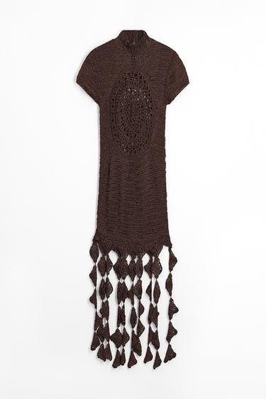 Zara DIAMOND FRINGE CROCHET DRESS - Brown