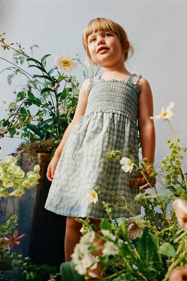 Zara GINGHAM FLORAL DRESS - Mid-blue
