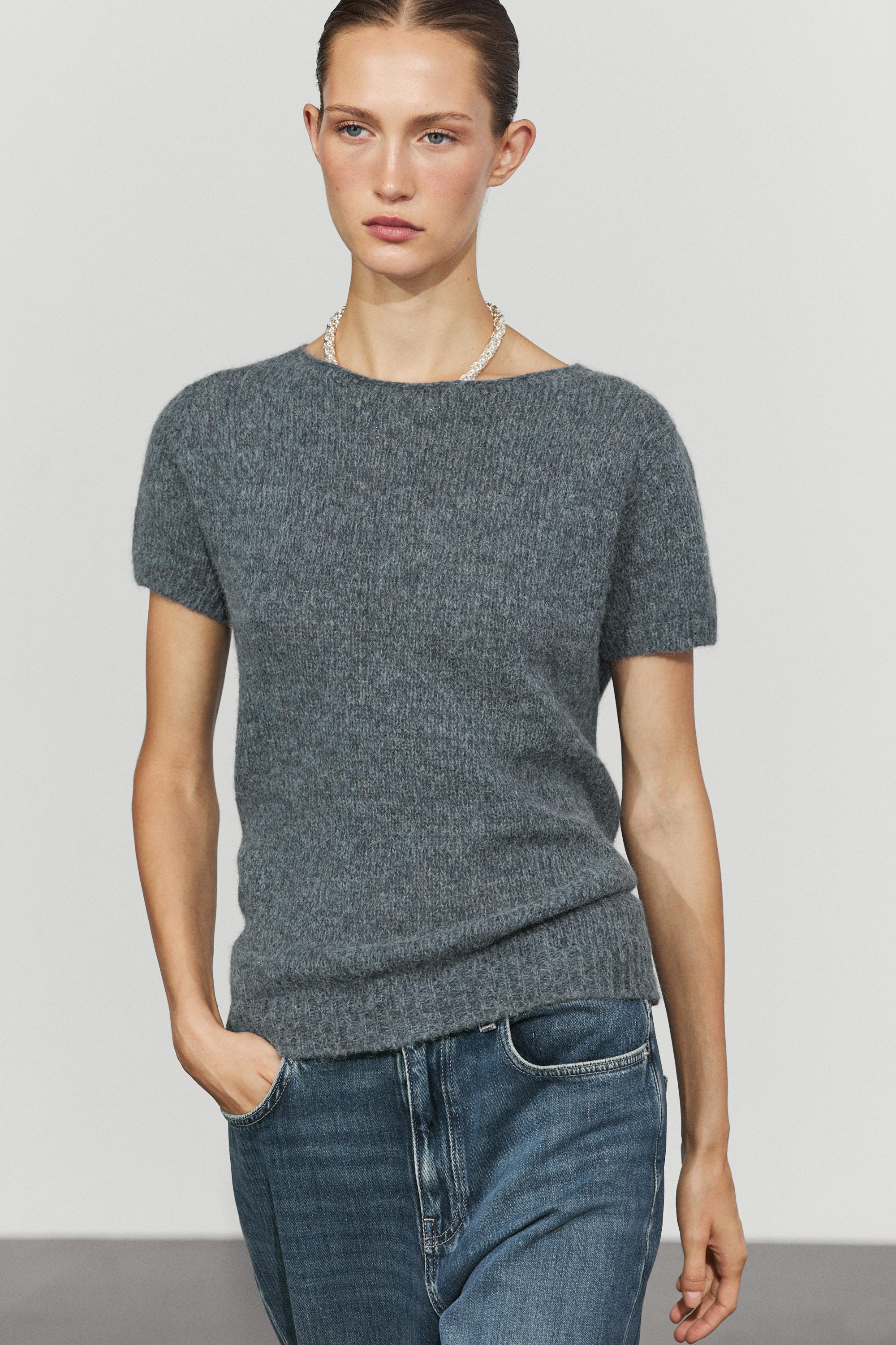 Short sleeve alpaca blend knit sweater — Blue / Gray