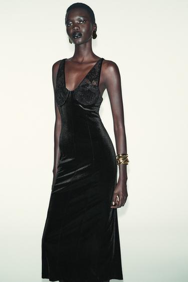 VESTIDO MIDI TERCIOPELO ENCAJE - Negro de Zara