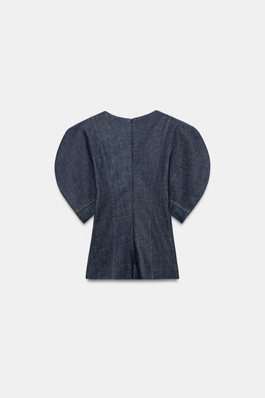 BLOUSE EN DENIM MANCHES BOUFFANTES ZW COLLECTION - Bleu de Zara - Image 6