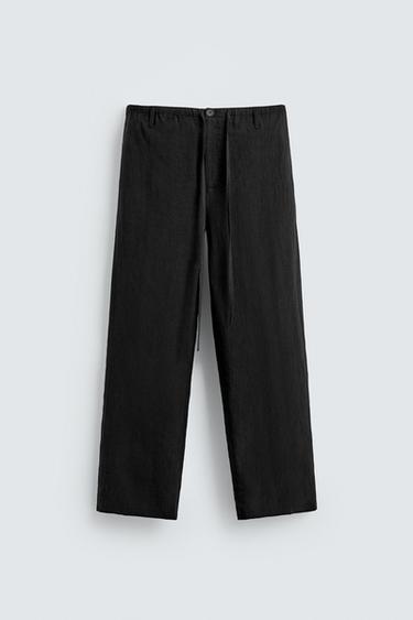 Zara RELAXED FIT 100% LINEN PANTS - Black