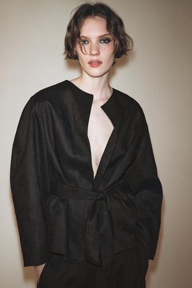 KIMONO LIN CEINTURE ZW COLLECTION - Marron de Zara