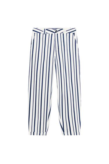 Zara STRIPED CHINO PANTS - Ecru / Navy