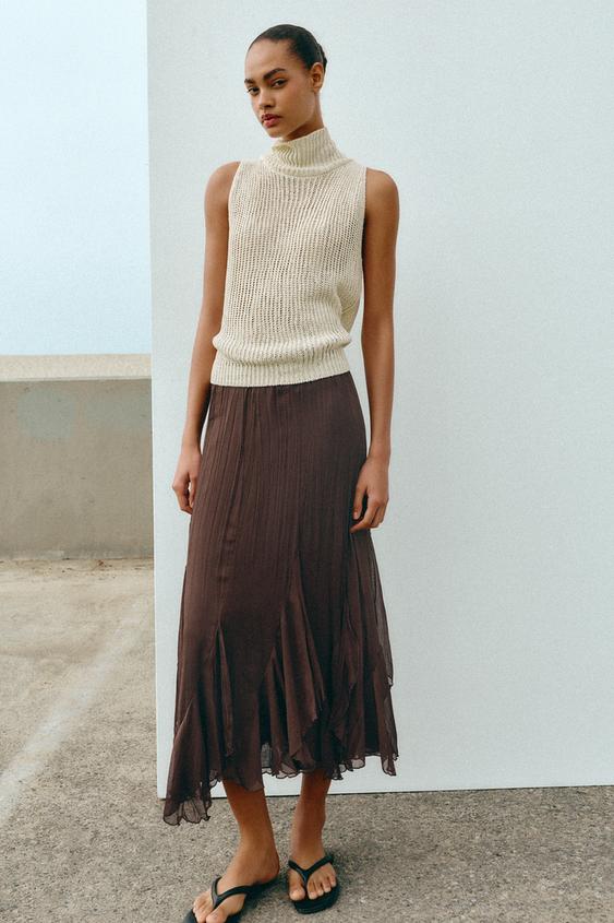 SAIA MIDI COM FOLHOS DE RENDA Castanho ZARA Portugal saia-midi-com-folhos-de-renda-castanho-zara-portugal
