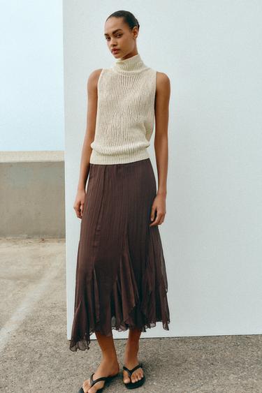 تنورة ميدي بفريلز ودانتيل - بني الخاص بـ Zara