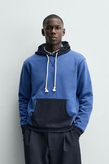HOODIE COLOR BLOCK CAPUCHA WAFFLE - Azul de Zara