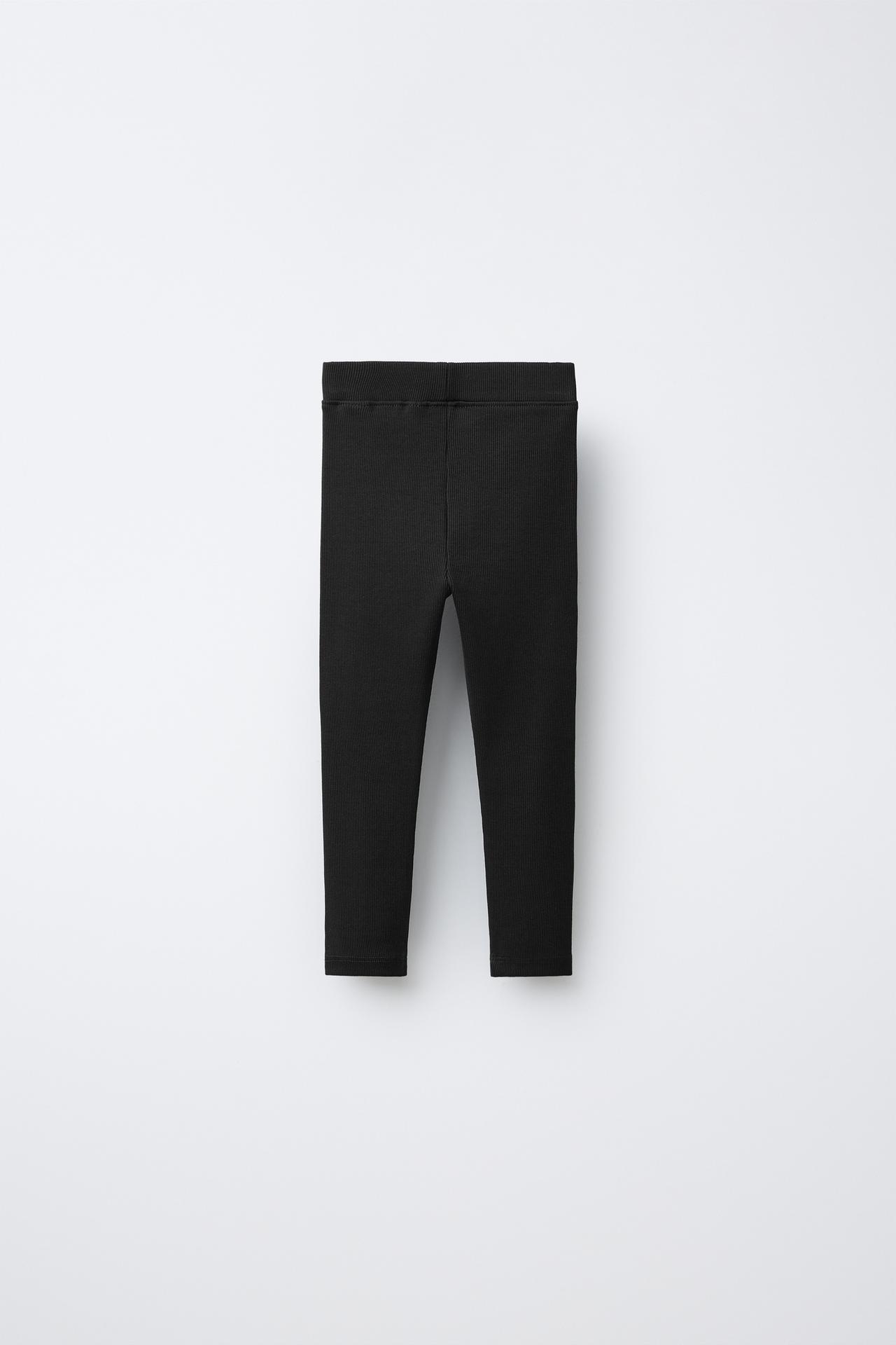 LABEL DETAIL RIBBED LEGGINGS — Black