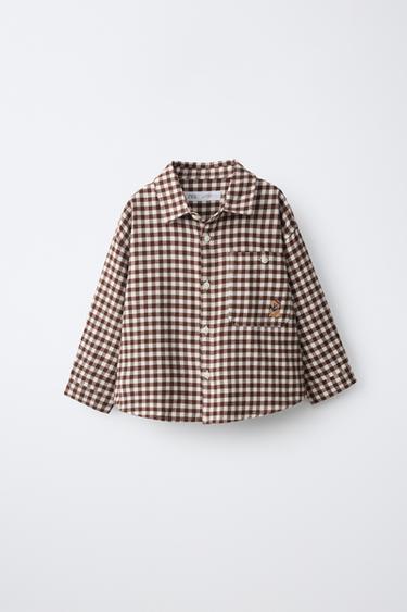 GINGHAM CHECK SHIRT WITH EMBROIDERED POCKET - Ecru / Brown by Zara