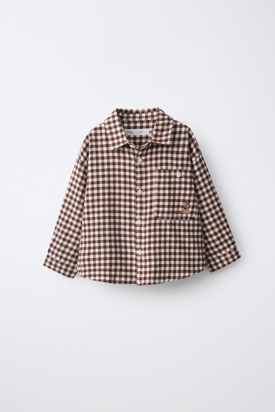 GINGHAM CHECK SHIRT WITH EMBROIDERED POCKET - Ecru / Brown by Zara - Image 0
