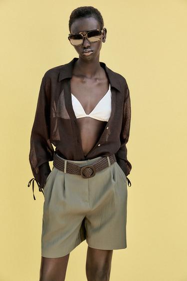 BERMUDA SHORTS WITH DARTS AND BELT - Khaki by Zara