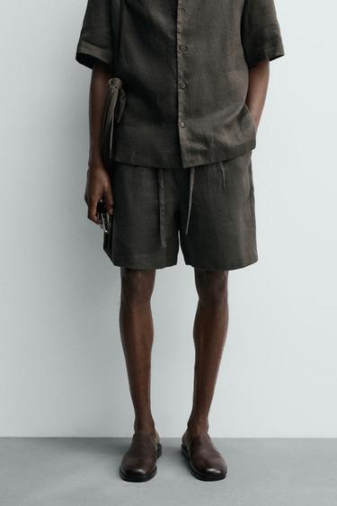Zara RELAXED FIT 100% LINEN SHORTS - Dark green